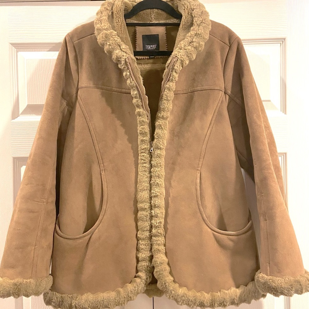 Eapirit Tan Shearling Faux Suede Faux Fur Lined Trim Winter Coat Size L